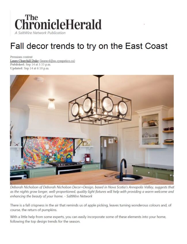 Chronicle Herald- Deborah Nicholson Design Fall Decor Trends