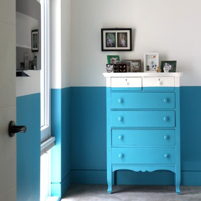 colour block around bottom of bedroom and dresser