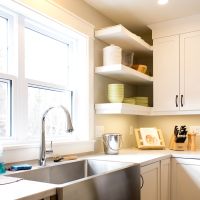 open shelves steel farmhouse sink